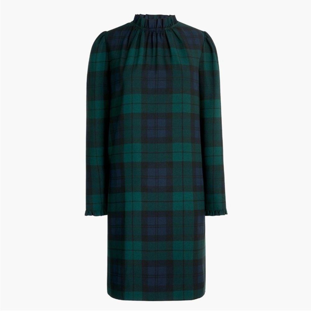 J. Crew Plaid Green and Black Women's Ruffle Neck Shift Dress